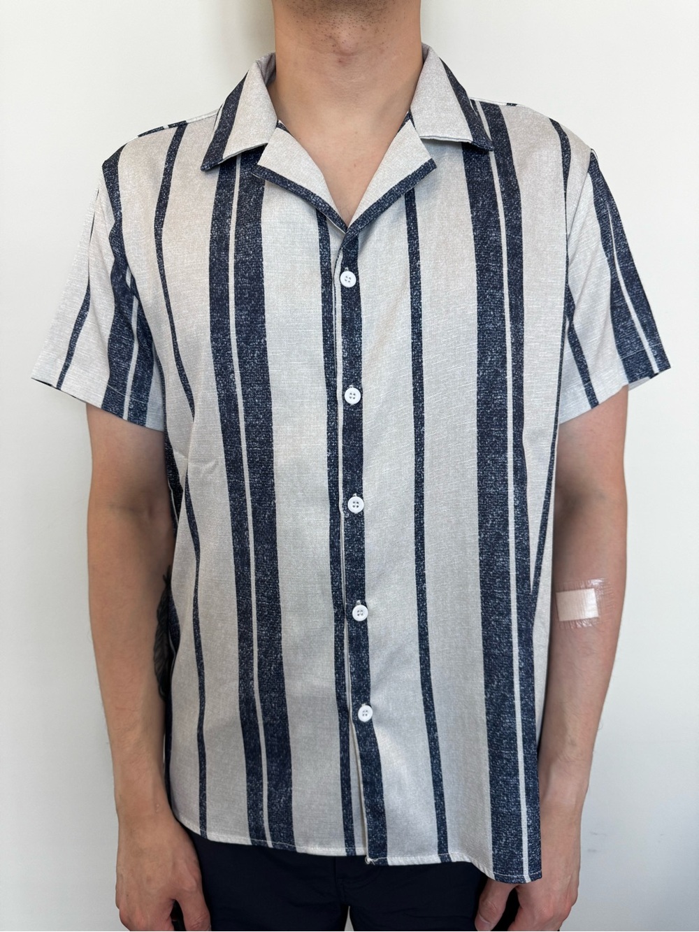 Men's Vertical Stripe Camp-Collar Shirt - Navy and White